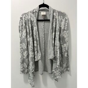 Knox Rose Womens Grey Floral Damask Open Front Draped Waterfall Cardigan Small
